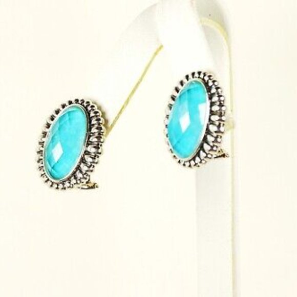 LAGOS Venus Sterling Silver 18K Gold Post Fluted Turquoise Earrings - Picture 7 of 10